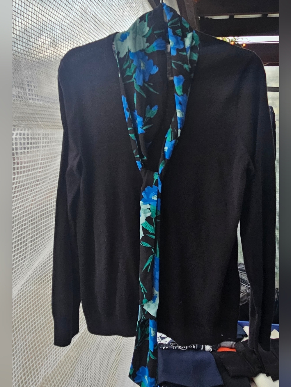 J. Crew Black Sweater with Blue & Green Floral Scarf
